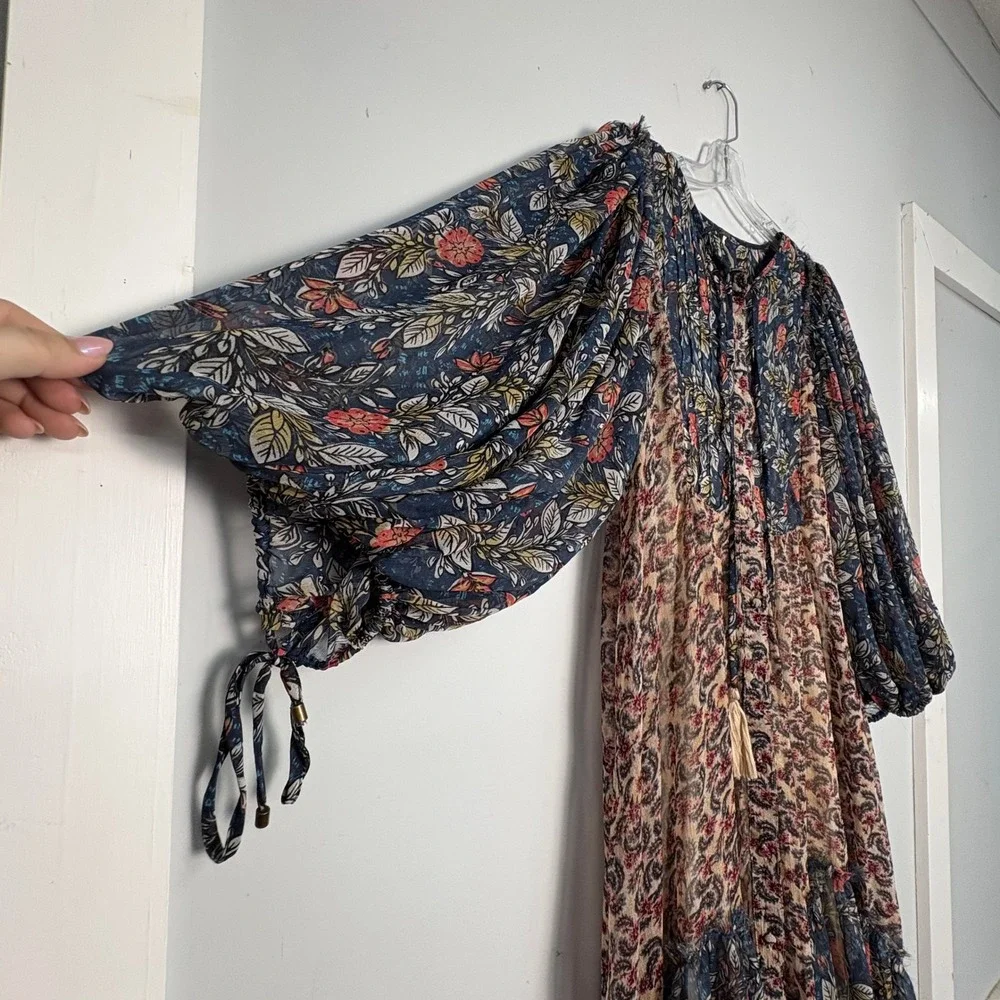Free People Estelle Floral Paisley Mixed Print Maxi Dress Large L Tassels Boho